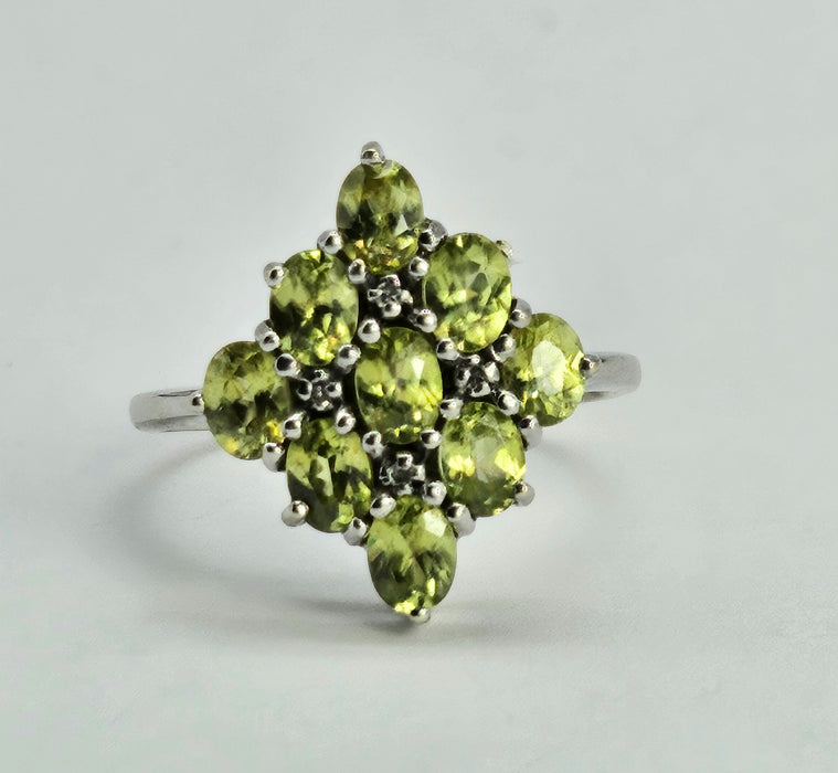 1240: Vintage: 9ct Gold Forest Green Peridots Diamonds Cluster Ring