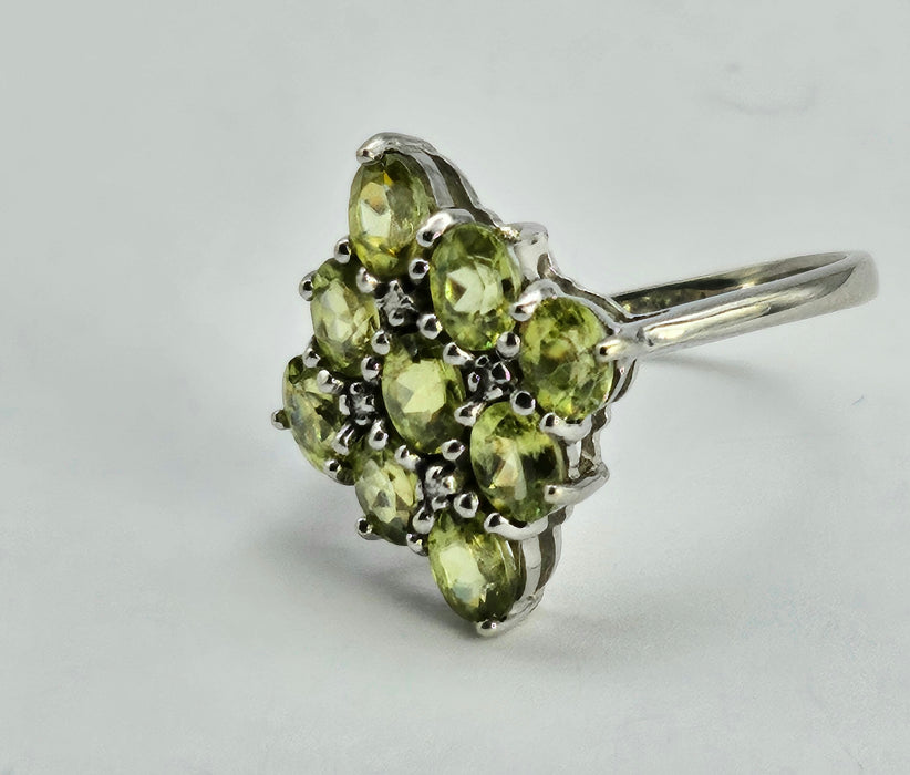 1240: Vintage: 9ct Gold Forest Green Peridots Diamonds Cluster Ring