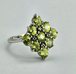 1240: Vintage: 9ct Gold Forest Green Peridots Diamonds Cluster Ring