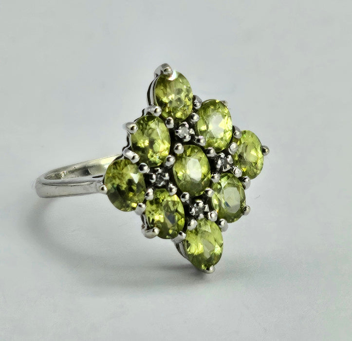 1240: Vintage: 9ct Gold Forest Green Peridots Diamonds Cluster Ring