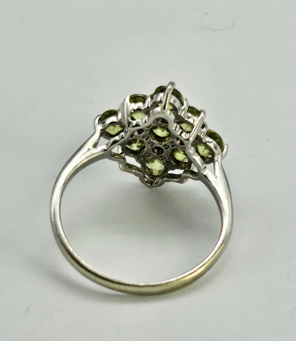 1240: Vintage: 9ct Gold Forest Green Peridots Diamonds Cluster Ring