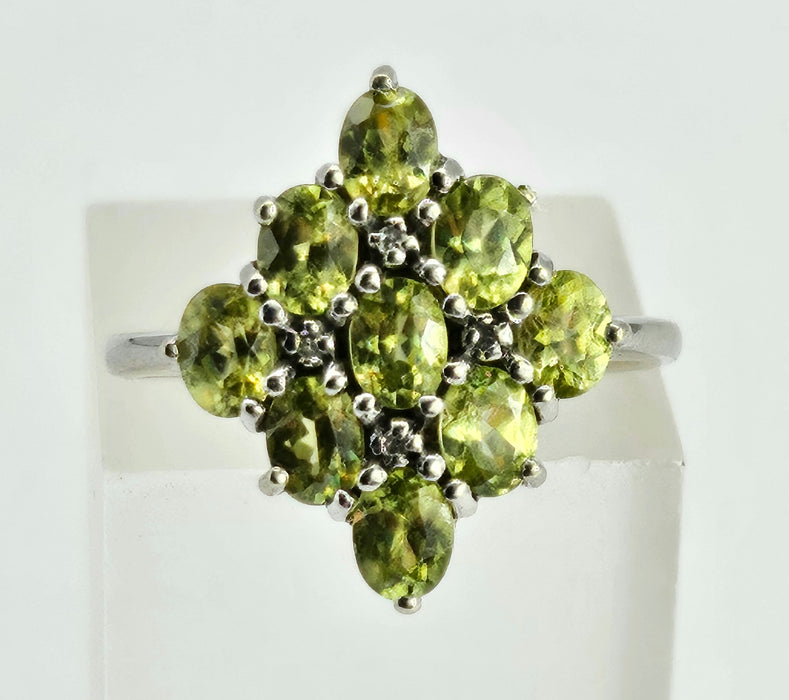 1240: Vintage: 9ct Gold Forest Green Peridots Diamonds Cluster Ring