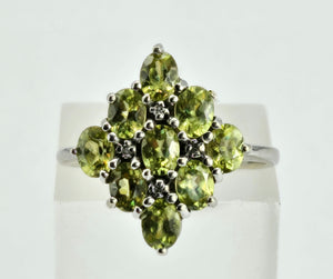 1240: Vintage: 9ct Gold Forest Green Peridots Diamonds Cluster Ring