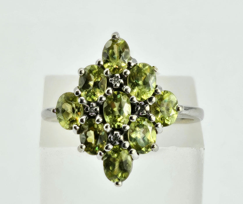 1240: Vintage: 9ct Gold Forest Green Peridots Diamonds Cluster Ring