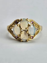 Load image into Gallery viewer, 1306: Vintage: 9ct Gold Geometric Set White Opals Rubies Dress Ring- beautifully paired
