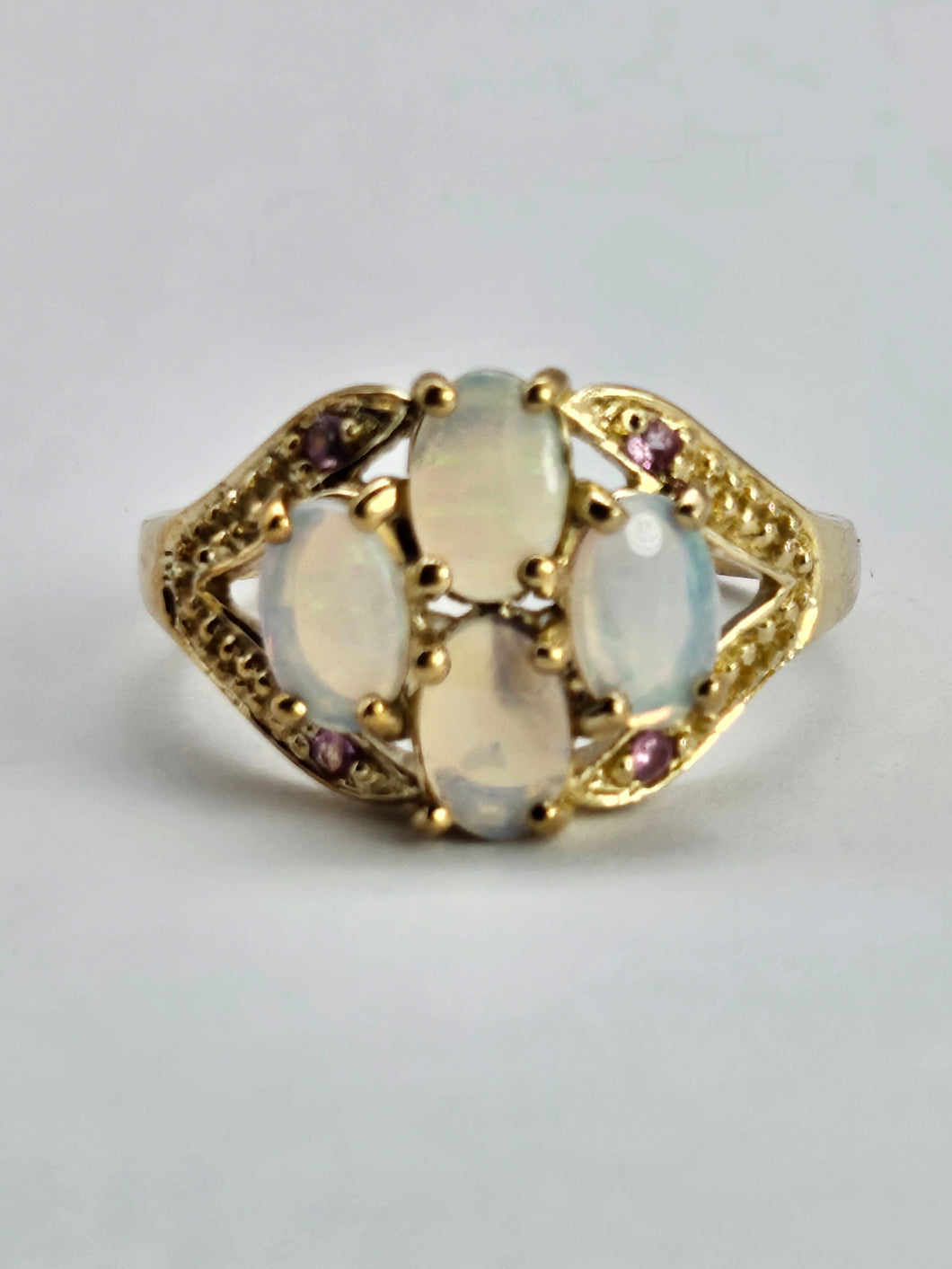 1306: Vintage: 9ct Gold Geometric Set White Opals Rubies Dress Ring- beautifully paired