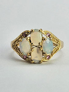 1306: Vintage: 9ct Gold Geometric Set White Opals Rubies Dress Ring- beautifully paired