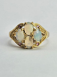 1306: Vintage: 9ct Gold Geometric Set White Opals Rubies Dress Ring- beautifully paired