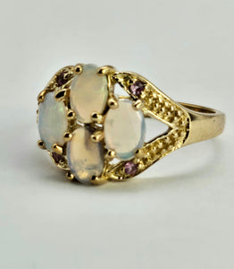 1306: Vintage: 9ct Gold Geometric Set White Opals Rubies Dress Ring- beautifully paired