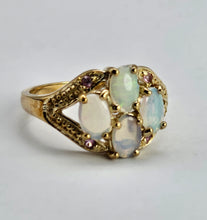 Load image into Gallery viewer, 1306: Vintage: 9ct Gold Geometric Set White Opals Rubies Dress Ring- beautifully paired
