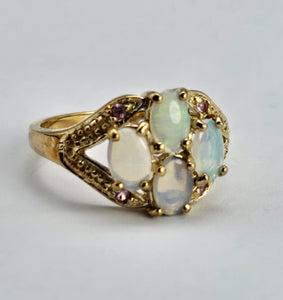 1306: Vintage: 9ct Gold Geometric Set White Opals Rubies Dress Ring- beautifully paired