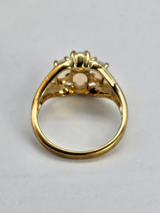 1306: Vintage: 9ct Gold Geometric Set White Opals Rubies Dress Ring- beautifully paired