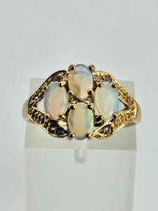 1306: Vintage: 9ct Gold Geometric Set White Opals Rubies Dress Ring- beautifully paired