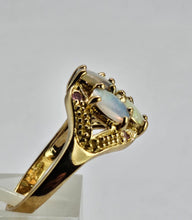 Load image into Gallery viewer, 1306: Vintage: 9ct Gold Geometric Set White Opals Rubies Dress Ring- beautifully paired
