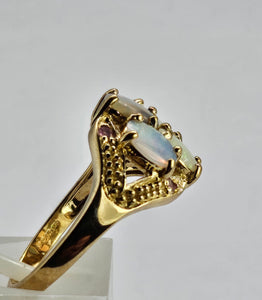 1306: Vintage: 9ct Gold Geometric Set White Opals Rubies Dress Ring- beautifully paired