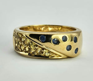 1308: Vintage: Statement 9ct Gold Yellow Sapphires Blue Sapphires Ring- reassuring weight