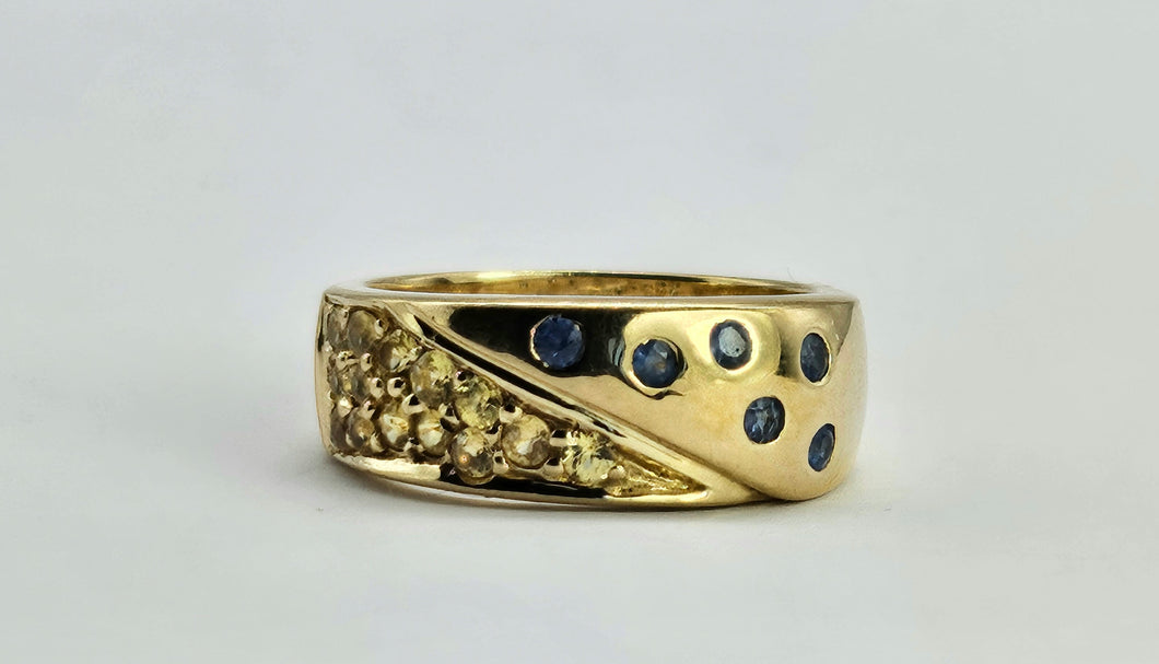 1308: Vintage: Statement 9ct Gold Yellow Sapphires Blue Sapphires Ring- reassuring weight