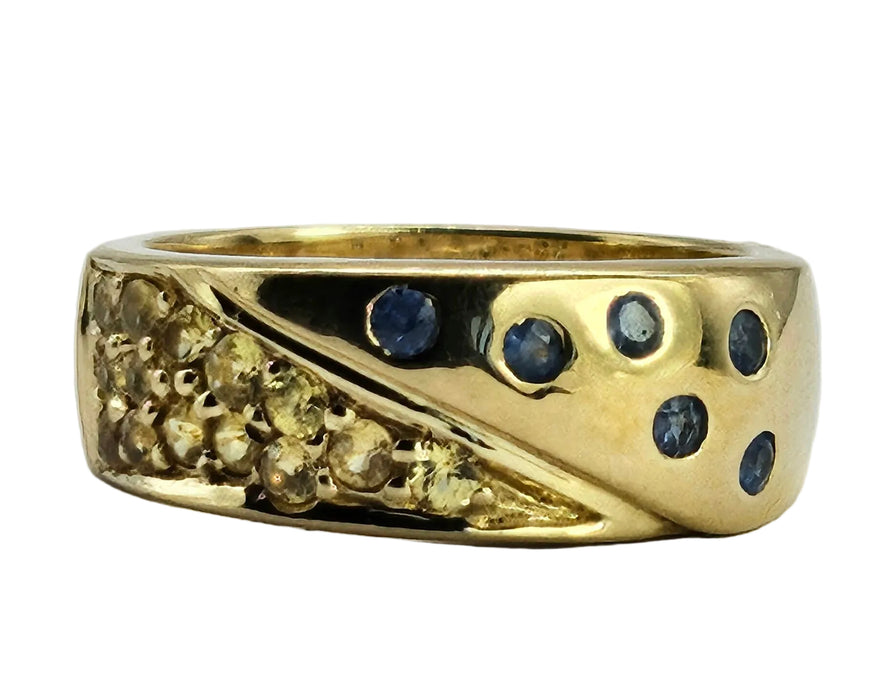 1308: Vintage: Statement 9ct Gold Yellow Sapphires Blue Sapphires Ring- reassuring weight
