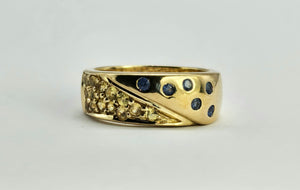 1308: Vintage: Statement 9ct Gold Yellow Sapphires Blue Sapphires Ring- reassuring weight