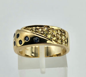 1308: Vintage: Statement 9ct Gold Yellow Sapphires Blue Sapphires Ring- reassuring weight