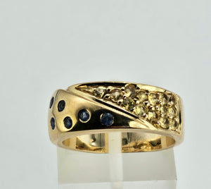 1308: Vintage: Statement 9ct Gold Yellow Sapphires Blue Sapphires Ring- reassuring weight