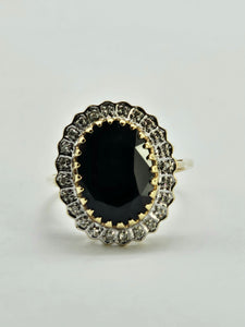 0988: Vintage: 9ct Gold 24 Diamonds Large Blue Sapphire Lady Diana Ring- extremely popular&nbsp;