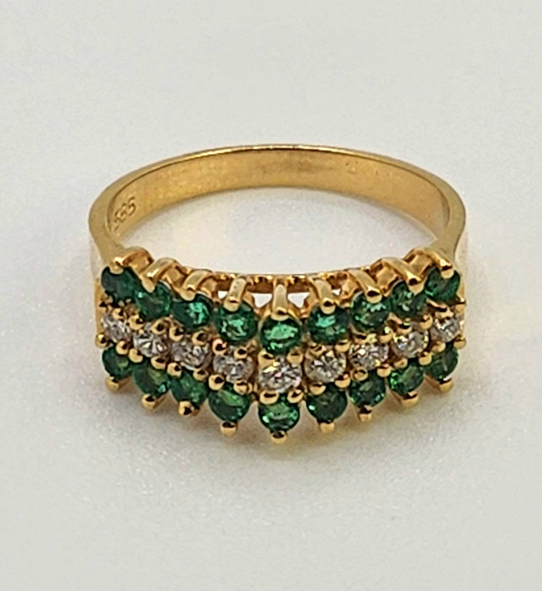 6331 Vintage: 14ct Gold 18 Emeralds Diamonds Tiered Dress/Stacker Ring