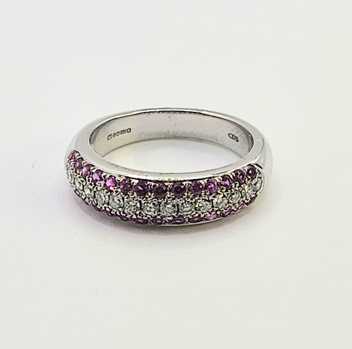 1110: Vintage: 18ct White Gold Pink  Rubies Diamonds Tiered Half-Eternity Ring- Simply gorgeous