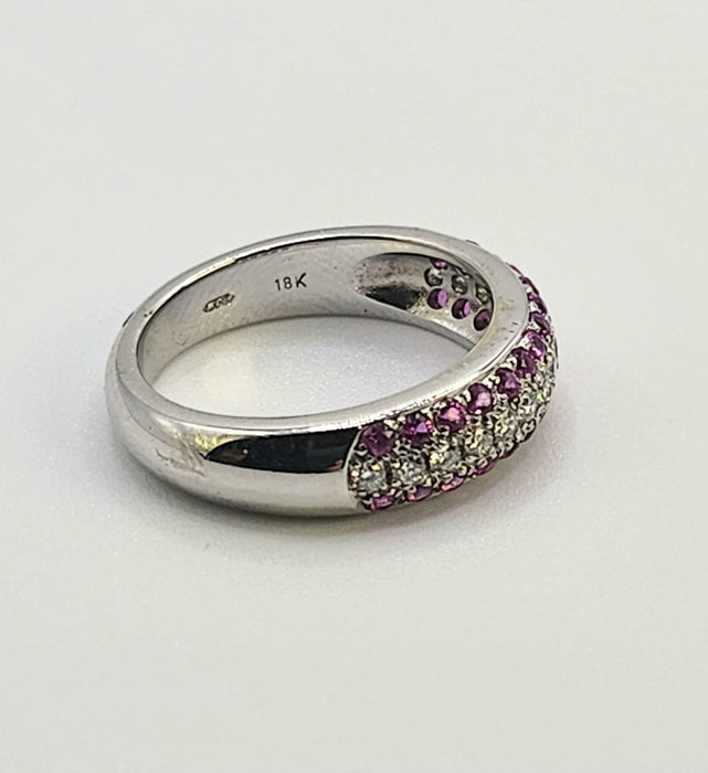 1110: Vintage: 18ct White Gold Pink  Rubies Diamonds Tiered Half-Eternity Ring- Simply gorgeous