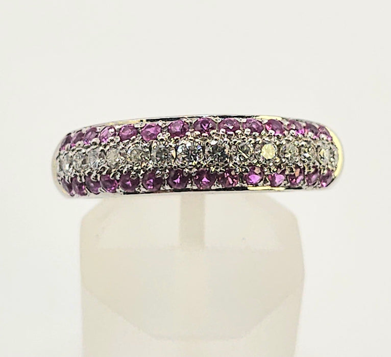 1110: Vintage: 18ct White Gold Pink  Rubies Diamonds Tiered Half-Eternity Ring- Simply gorgeous