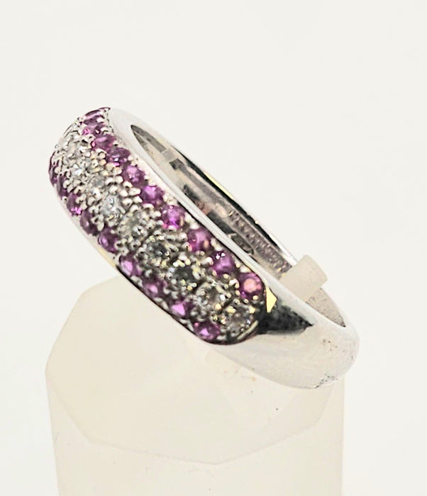 1110: Vintage: 18ct White Gold Pink  Rubies Diamonds Tiered Half-Eternity Ring- Simply gorgeous