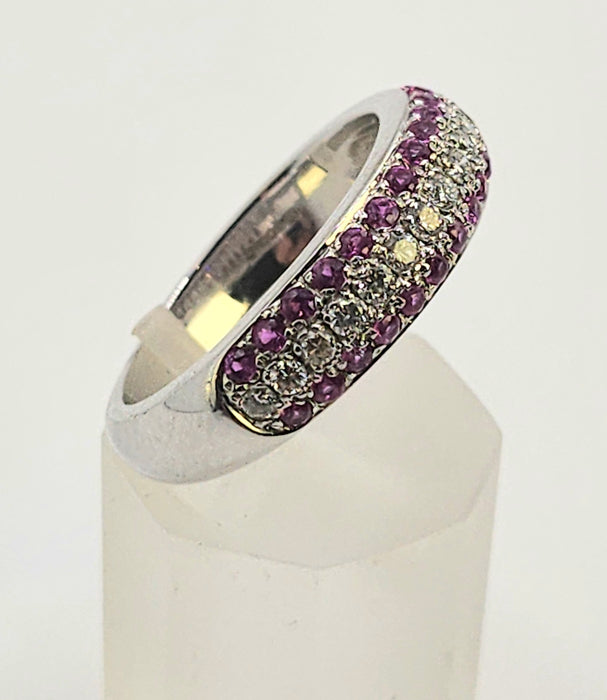 1110: Vintage: 18ct White Gold Pink  Rubies Diamonds Tiered Half-Eternity Ring- Simply gorgeous
