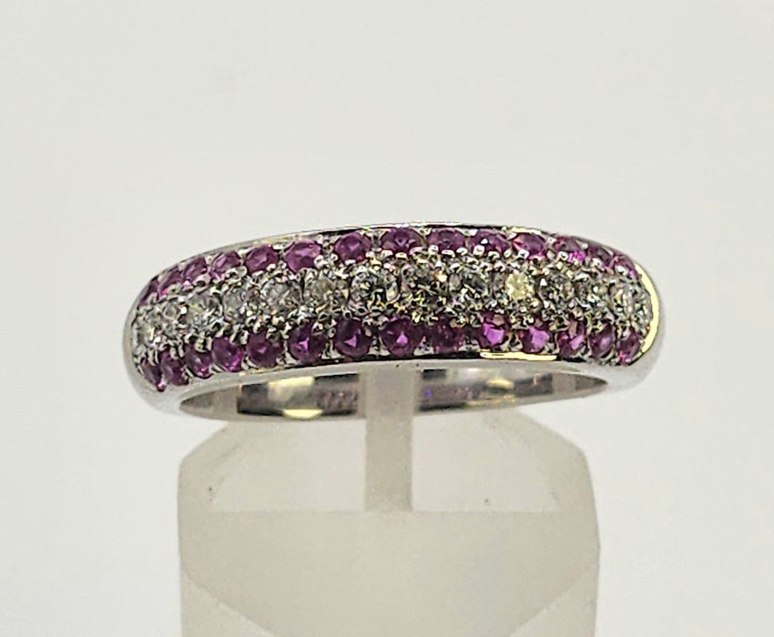1110: Vintage: 18ct White Gold Pink  Rubies Diamonds Tiered Half-Eternity Ring- Simply gorgeous