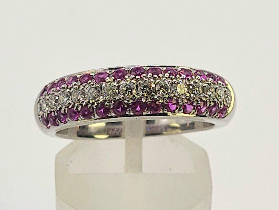 1110: Vintage: 18ct White Gold Pink  Rubies Diamonds Tiered Half-Eternity Ring- Simply gorgeous