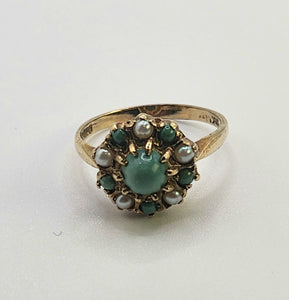 1135: Vintage: 9ct Gold Green Jade  Pearls Floral Cluster Ring- Date Mark 1967