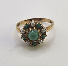 Cargar imagen en el visor de la galería, 1135: Vintage: 9ct Gold Green Jade  Pearls Floral Cluster Ring- Date Mark 1967
