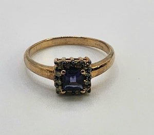 1043: Vintage 9ct Gold Yellow Diamonds Cushion Cut Iolite Dress Ring