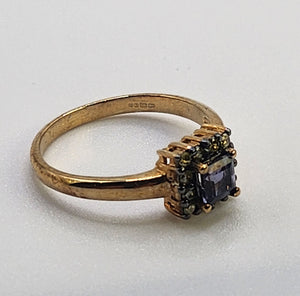 1043: Vintage 9ct Gold Yellow Diamonds Cushion Cut Iolite Dress Ring