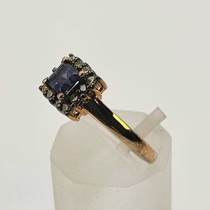 1043: Vintage 9ct Gold Yellow Diamonds Cushion Cut Iolite Dress Ring