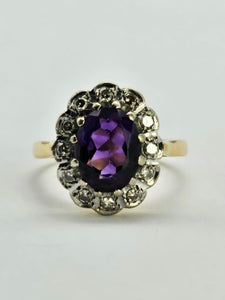 1056: Vintage: 18ct Gold Deep Purple Amethyst 12 Diamonds Cluster Ring- Date-Mark 1963