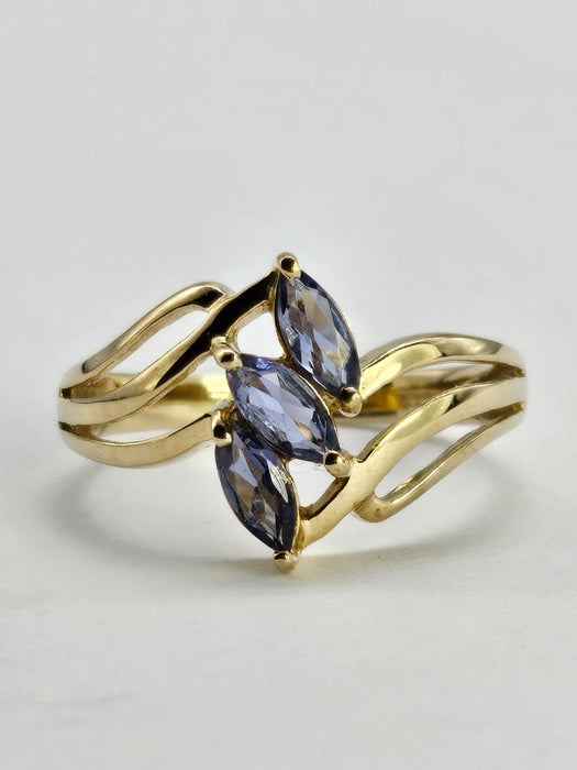 1265: Vintage: 9ct Gold Marquise Cut Blue Iolites Cocktail Ring- captivating design