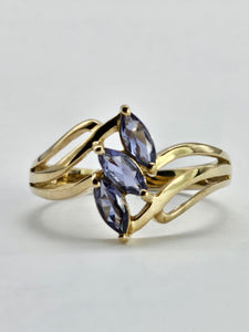 1265: Vintage: 9ct Gold Marquise Cut Blue Iolites Cocktail Ring- captivating design