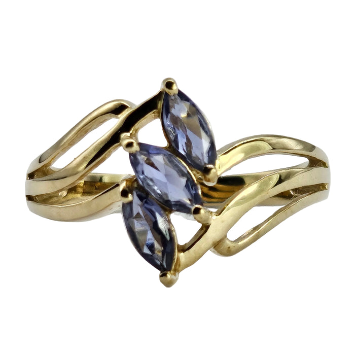 1265: Vintage: 9ct Gold Marquise Cut Blue Iolites Cocktail Ring- captivating design
