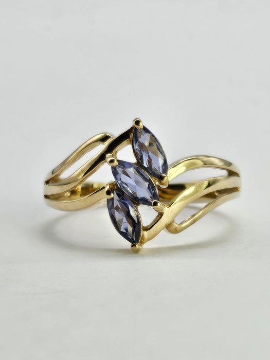 1265: Vintage: 9ct Gold Marquise Cut Blue Iolites Cocktail Ring- captivating design