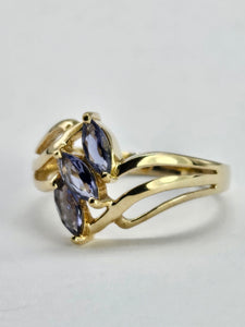 1265: Vintage: 9ct Gold Marquise Cut Blue Iolites Cocktail Ring- captivating design