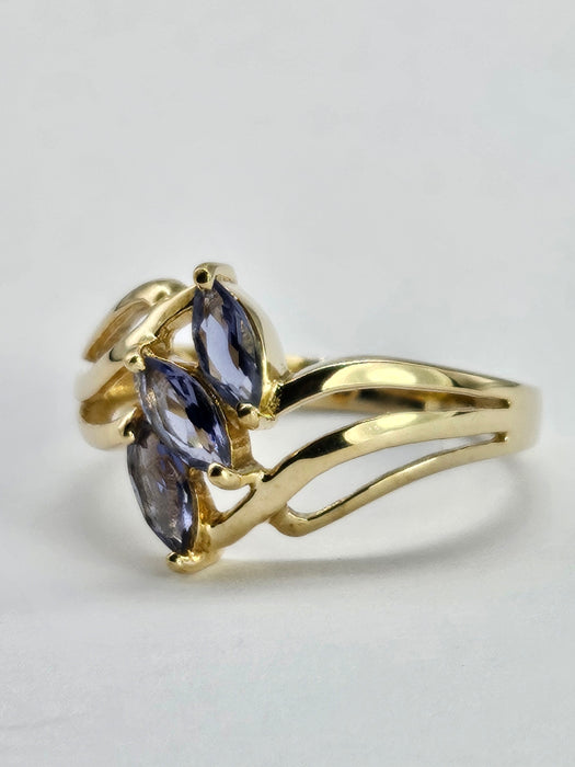 1265: Vintage: 9ct Gold Marquise Cut Blue Iolites Cocktail Ring- captivating design