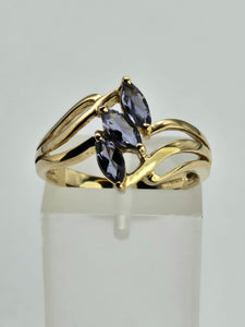 1265: Vintage: 9ct Gold Marquise Cut Blue Iolites Cocktail Ring- captivating design