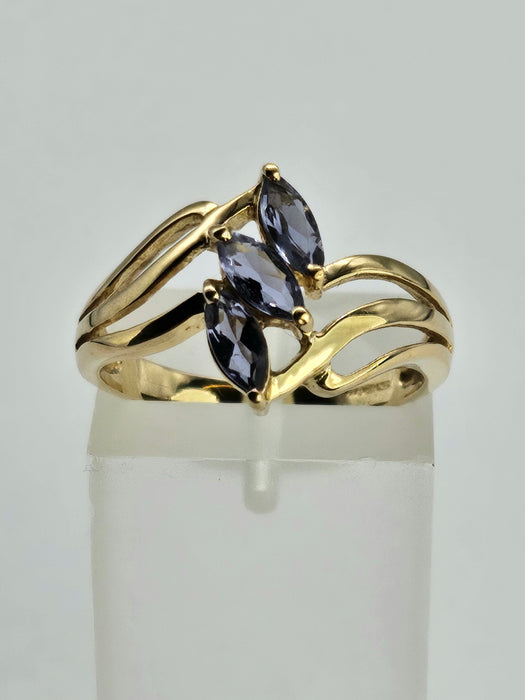 1265: Vintage: 9ct Gold Marquise Cut Blue Iolites Cocktail Ring- captivating design