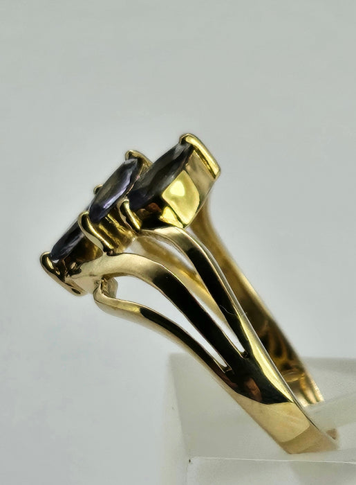 1265: Vintage: 9ct Gold Marquise Cut Blue Iolites Cocktail Ring- captivating design