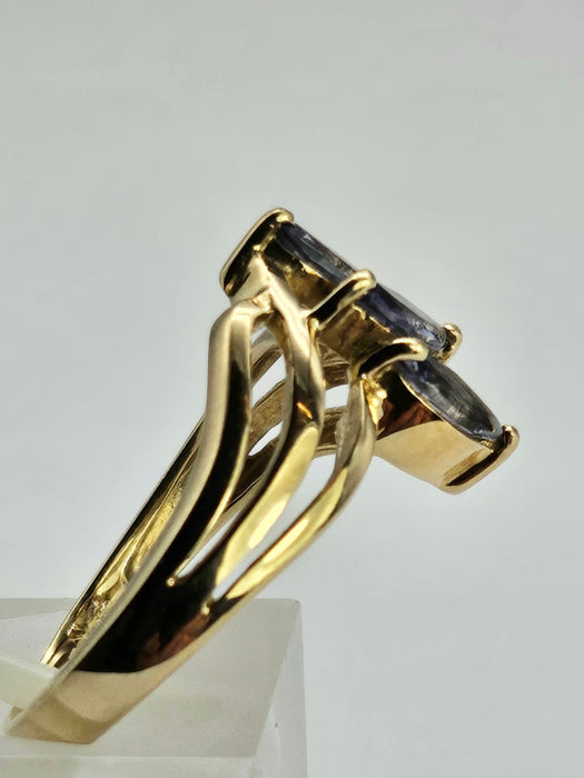 1265: Vintage: 9ct Gold Marquise Cut Blue Iolites Cocktail Ring- captivating design